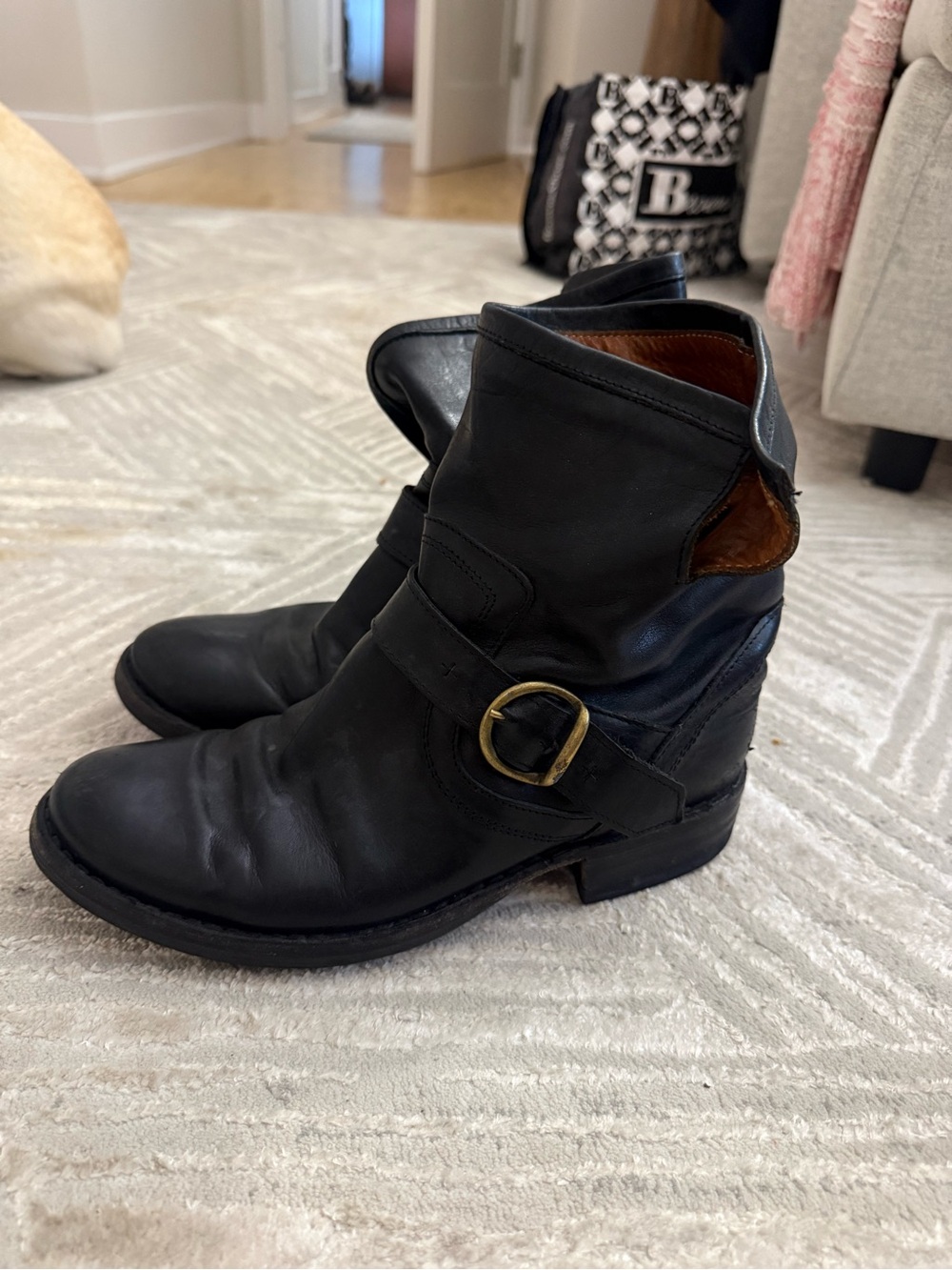 Fiorentini + Baker Black Leather Ankle Boots with Brass Buckle